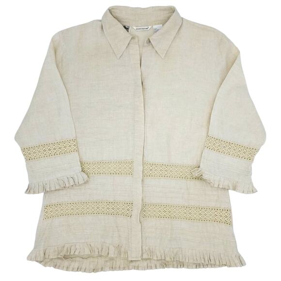 Richard Malcolm Tops - Richard Malcolm Shirt Womens Large Beige Boho Irish Linen Ruffle Trim Lace Top